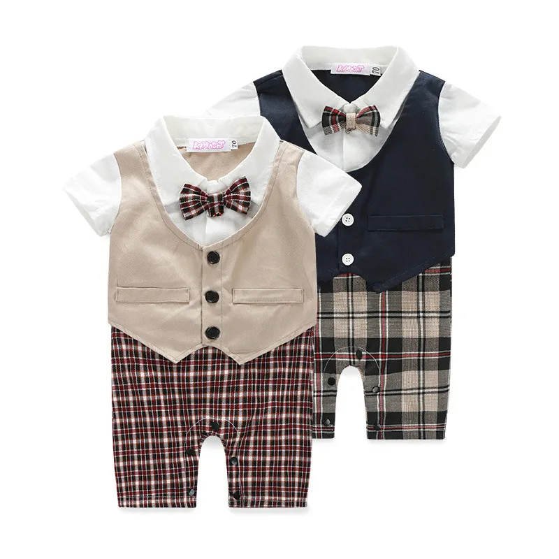 Infant wedding suit baby boy toddler 2 colors khaki and dark blue plaid