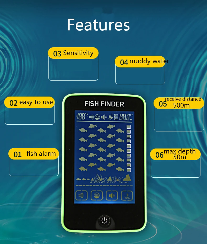 Сенсорный экран 500 метров беспроводной рыболокатор гидролокатор датчик глубины эхолот перезаряжаемый аккумулятор