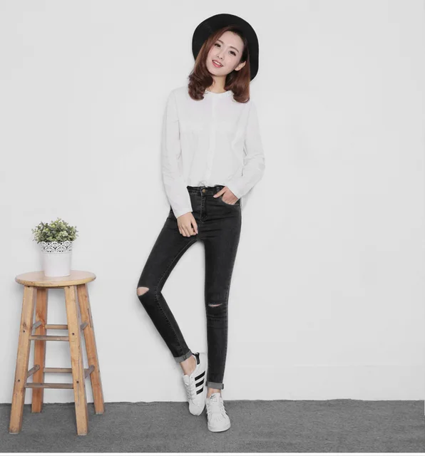 2016 Autumn Winter New Korean Style Women Jeans Pencil Pants Solid Low Waisted Broken Holes Raw ... 2016 Autumn Winter New Korean Style Women Jeans Pencil Pants Solid Low Waisted Broken Holes Raw ...