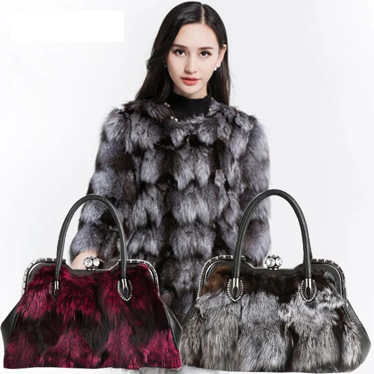 

New winter fur fox fur handbags diamond leather handbag Europe plush package portable shoulder diagonal fashion leather bag