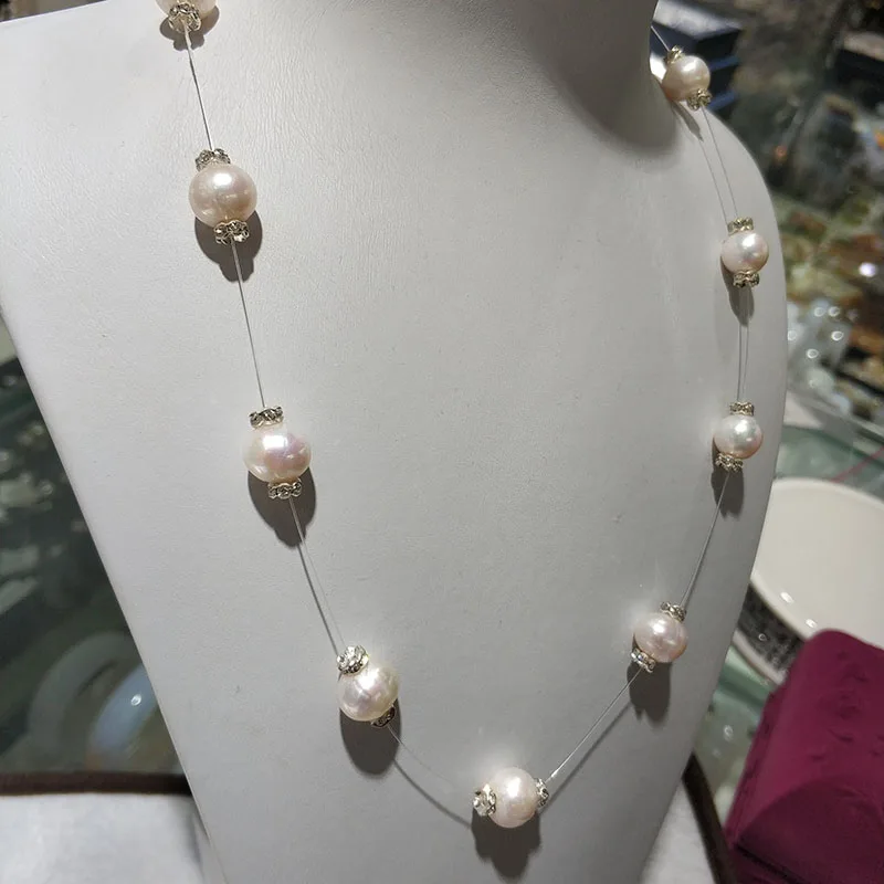 JYX Shinning Star!Natural Babysbreath pearl necklace 8*10mm oval white freshwater pearls necklace simple style for women