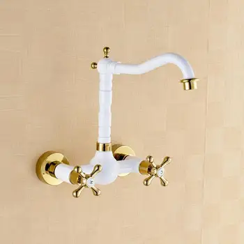 

Wall mount swivel Kitchen faucet European style white golden tap hot and cold washbasin rotating taps all copper tap JM2202