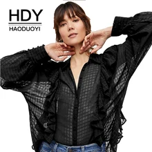 HDY Haoduoyi Women Blue Sheer Ruffle Blouse Fashion Blouse Long Sleeve Button Down Shirt Ladies Tops Checkered Shirts Blouses HDY Haoduoyi Women Blue Sheer Ruffle Blouse Fashion Blouse Long Sleeve Button Down Shirt Ladies Tops Checkered Shirts Blouses