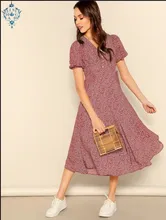 Ameision Button Front Allover Print V-Neck Dress Women 2019 Posh Summer Burgundy A Line Short Sleeve Fit and Flare Dresses allover geometric print dress