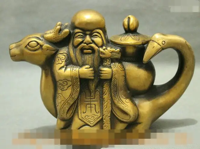 

S03028 Chinese Bronze Collect Deer Goose Longevity Shou Star God Statue Wine Pot Teapot B0403