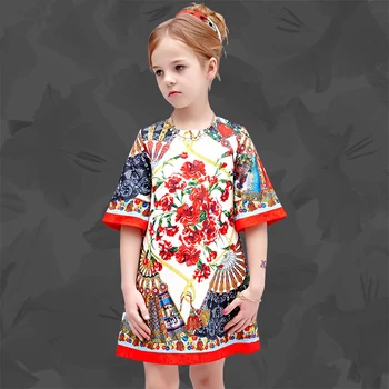 

Spring quality girls dress Baby vestidos kids brand dress Children party clothes circle floral print short sleeve 4 to 14 yrs