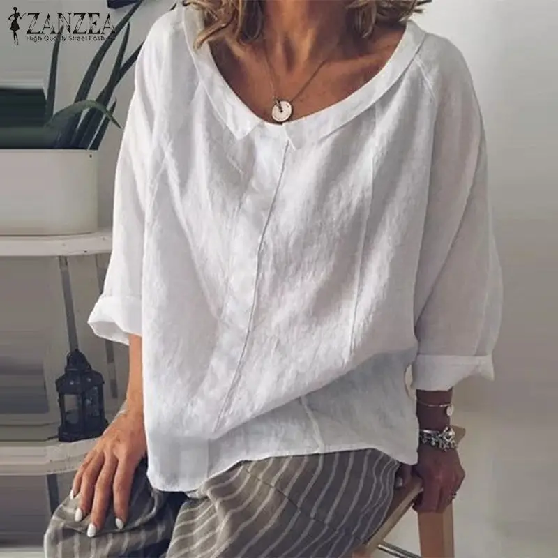Koop ZANZEA Herfst Overhemd Mode Vrouwen Lange Mouw Katoen Linnen Blouse Casual Revers Hals Tops Gewaad Effen Blusas Femme Werk Chemise