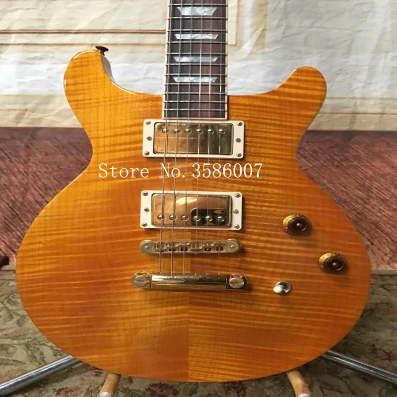 

Free shipping/Honey color Tiger maple top/Double Cutaway/Mahogany body/Rosewood Fingerboard/24 Frets/6 string Electric Guitar/