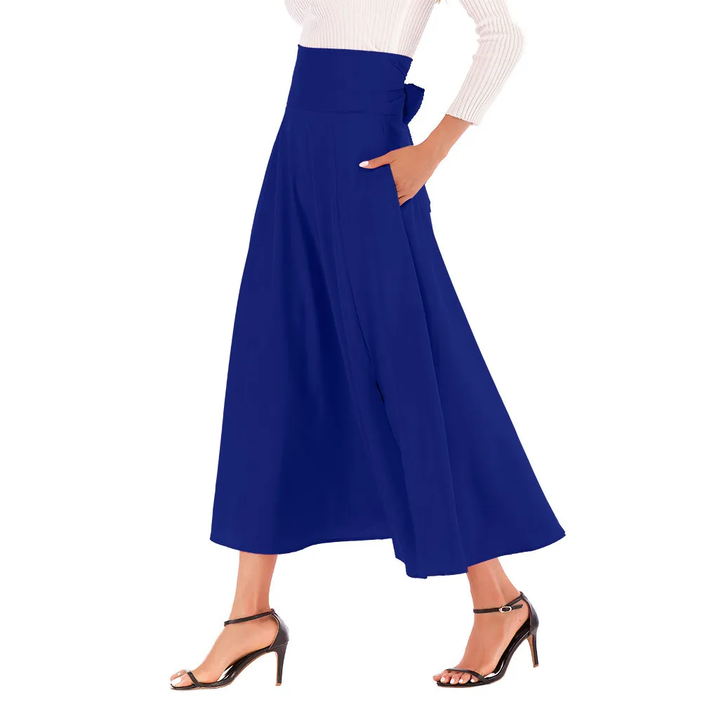 

Women High Waist Pleated soft and comfortable A Line Long Skirt Front Slit Belted Maxi Skirt L50/0117