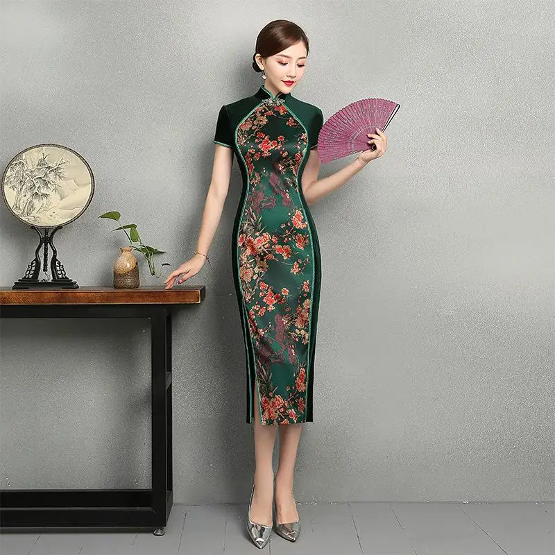 Сексуальное длинное велюровое платье Cheongsam весеннее традиционное платье в китайском стиле женское платье с воротником-стойкой Qipao облегающее вечернее платье Vestido - Цвет: Зеленый