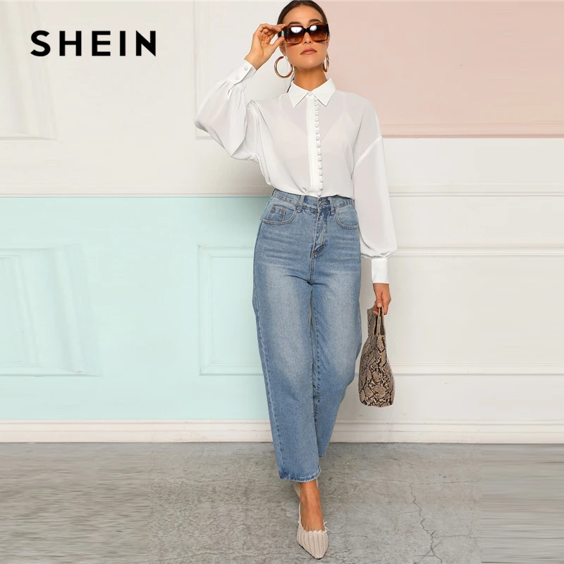 

SHEIN White Lantern Sleeve Semi Sheer Button Top Without Bra Plain Blouse Spring Modern Lady Women Collar Tops And Blouses