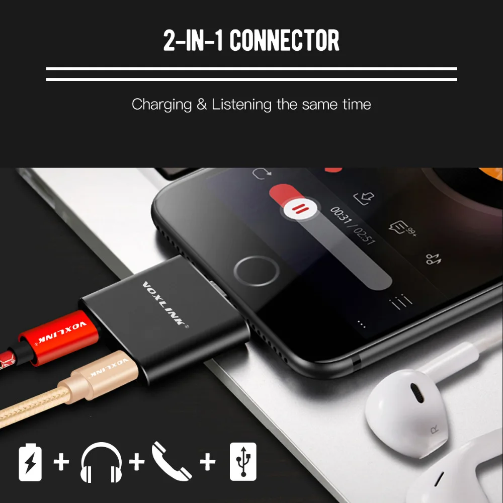 Voxlink 2 в 1 8 pin для Dual 8pin адаптер Mini AUX аудио + Зарядное устройство MIC Объем Управление