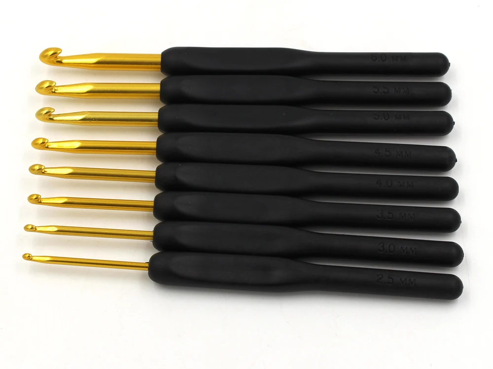 Вязанные инструменты спицы QJH 1 комплект/8 шт. пластиковые черные мягкие ручки большие золотые крючком Алюминиевые крючки вязанные плетение ремесло RX156