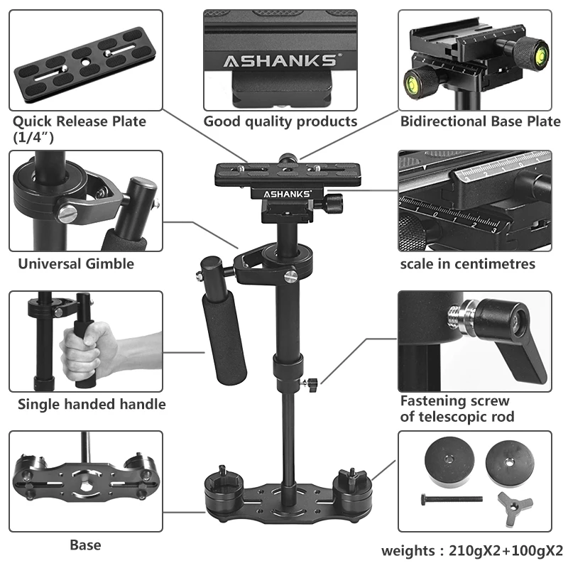 ASHANKS 40 см/15,7 ''стабилизатор S40 Steadycam нагрузка 1,3 кг ручной Steadicam для студийной камеры DSLR Canon Nikon Gopro Video DV