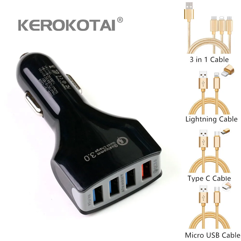 

Car Charger 12V USB Quick Charge 3.0 4 Ports Adaptive Fast Charger For Mobile Phone For iphone Xiaomi Huawei Mirco USB Charger