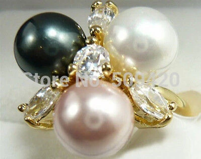 free shipping Black White Pink South Sea Shell Pearl Golden Crystal Ring Size: 6.7.8.9 | Украшения и аксессуары