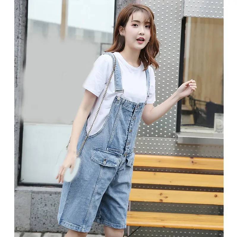 

2019 Summer Women Jeans Jumpsuits Casual Buttons Denim Rompers Vintage Short Jeans Overalls