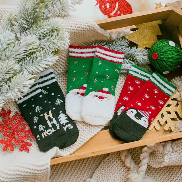 Winter New Christmas 3 Pairs Children’s Striped Rib Top Thick Terry Socks Kids Boys Girls Short Tube Leg Warm