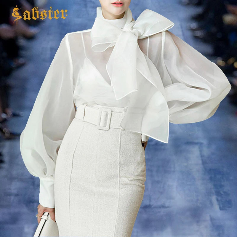 

2019 Fashion Brand Bow Collar Shirt Puff Sleeve Shirt Women's Blouse Black White Perspective Sexy Tops Shirt XZ290