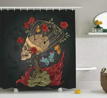 

Skull Shower Curtain Evil Mexican Sugar Skeleton Kitsch Bush of Roses Snake and Butterfly Artwork Fabric Bathroom Set Ruby Dark
