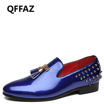 

QFFAZ Men Loafers Shoes Rivets mens leather dress shoes Tassel Breathable Fashion men shoes Pointed Toe blue wedding party shoes