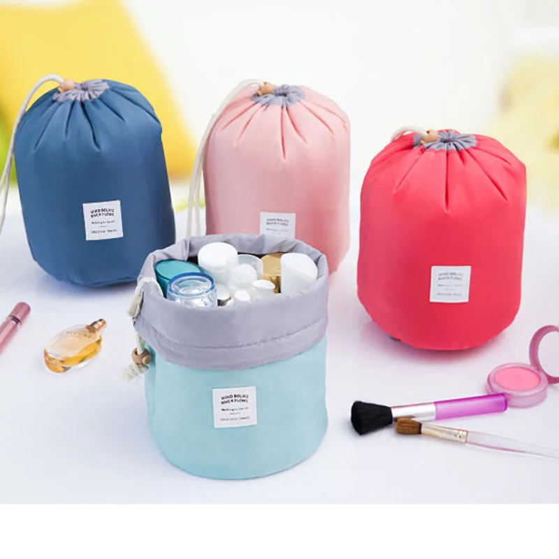 New Arrival Barrel Shaped Travel Cosmetic Bag Nylon High Capacity Drawstring Elegant Drum Wash