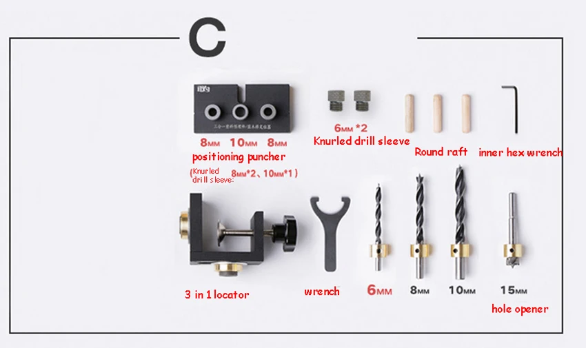1 комплект деревообрабатывающего карманного отверстия джиг комплект дыропробивной локатор сверло под дюбель направляющий инструмент мебель Дырокол шаг бурения дюбель джиг - Цвет: C