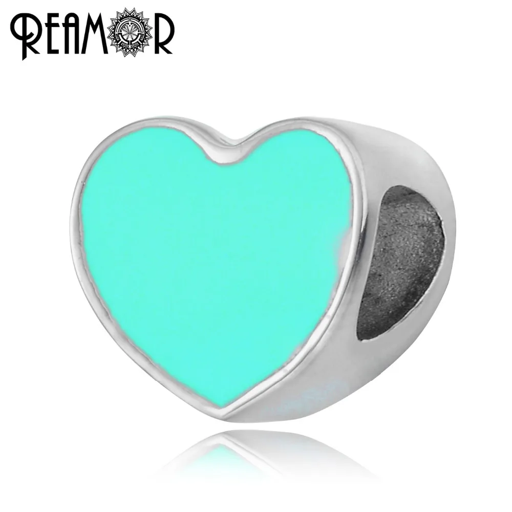 

REAMOR Stainless Steel Light Blue Pink Enamel Heart Beads European Spacer Charms Bead For Women Bracelets DIY Jewelry Making
