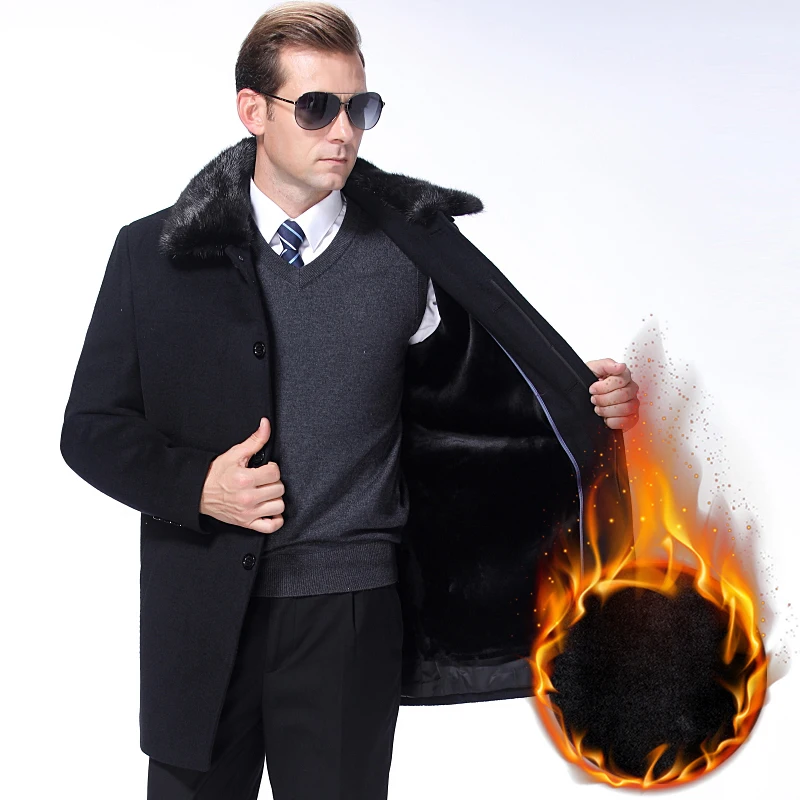 

Real Fur Collar Removable Winter Thick Overcoat Casual Men's Wool Blend Coats Plus Velvet Male Long Solid Color Big Size