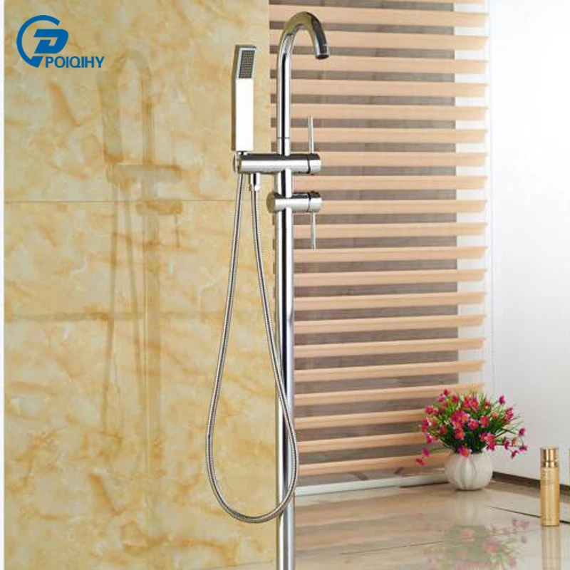 

POIQIHY Chrome finished Floor Tub Filler Tub Faucet Mixer Tap Chrome Floor Bathtub Faucet Hand Sprayer