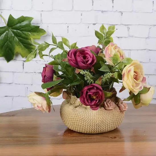 Free shiiping artificial flowers rose quality resin vase + silk flowers