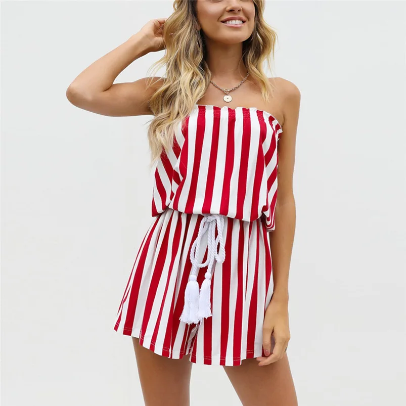 Women Sexy Off Shoulder Sleeveless Jumpsuit Casual Striped
