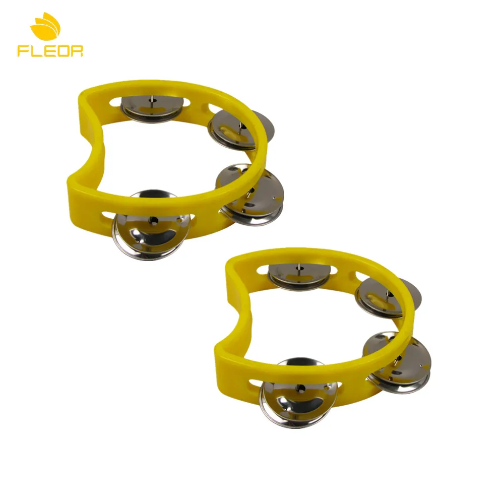 

NEW 2pcs Yellow Plastic Hand Held Half Tambourine Percussion Metal Jingles for Kid Children Musical Instrument
