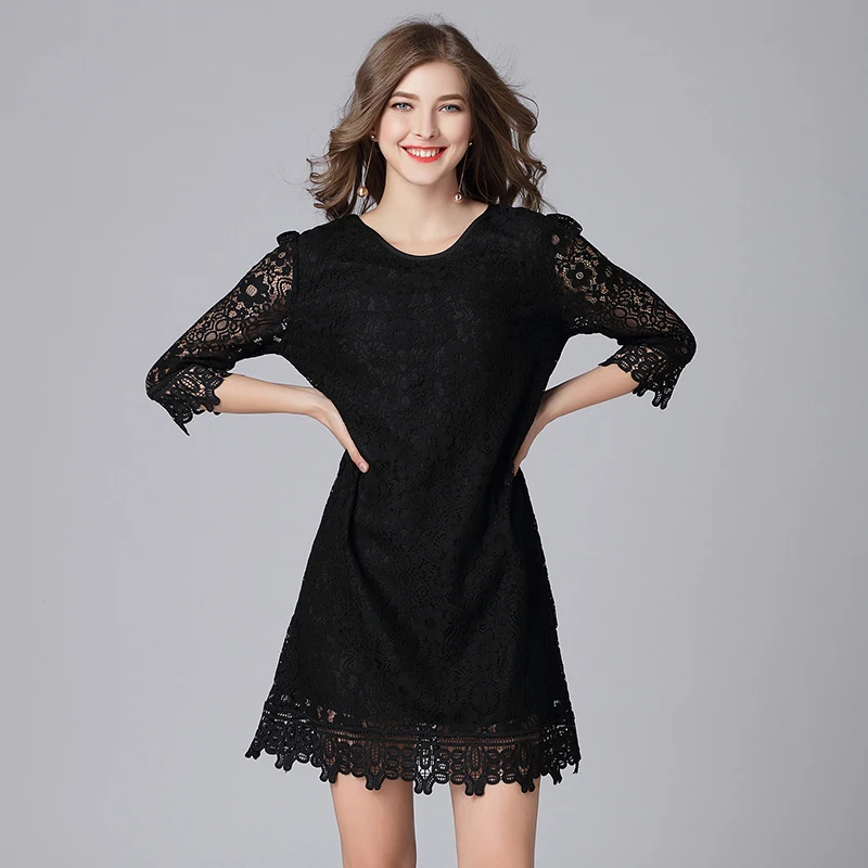 

2019 European design women vintage lace dresses plus size three quarters sleeves women hollow lace casual dress black color
