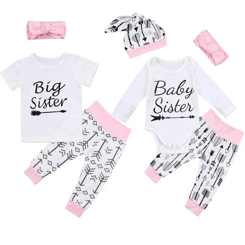 

Family Kids Toddler Baby Girls Big Little Sister T-shirt Romper + Patchwork Pants + Headband Hat Clothing Set