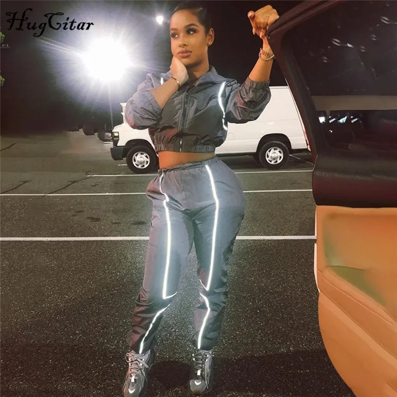 

Hugcitar reflective stripe line patchwork jacket pants 2 two pieces set 2019 autumn winter women crop tops coat trousers set