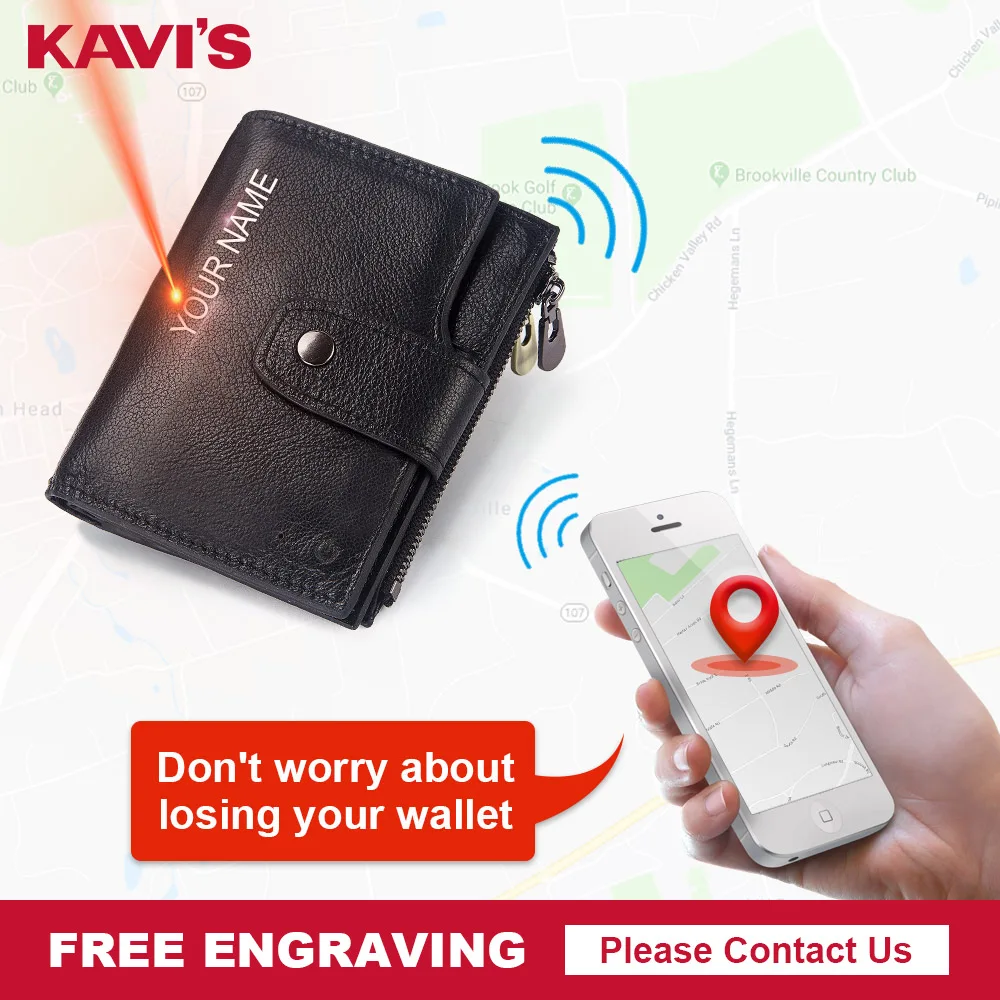 KAVIS rfid Smart Wallet Genuine Leather with alarm GPS Map Bluetooth