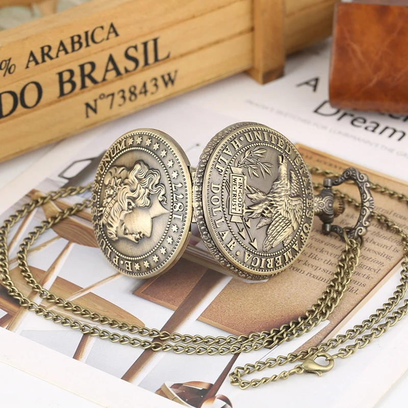 80cm Chain Американская эффектная 1877 морганская половина копия доллара E PLURIBUS UNUM бронзовые копии монет кварцевые карманные часы - Цвет: 80cm Chain