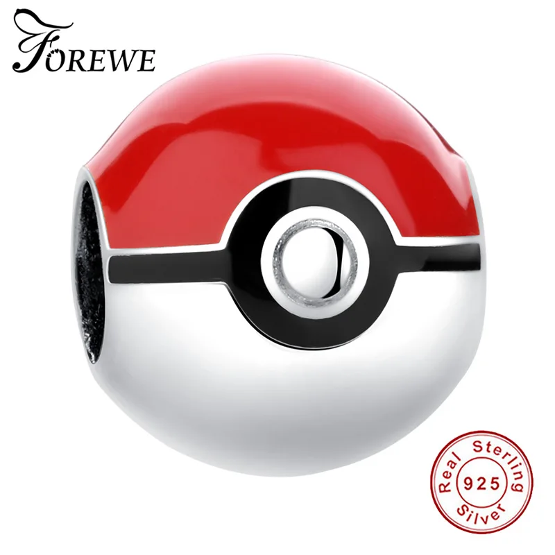 

FOREWE 925 Sterling Silver Pokeball Charm Fit Original Pandora Charms Bracelet Pokemon Red Enamel Beads for Jewelry Making