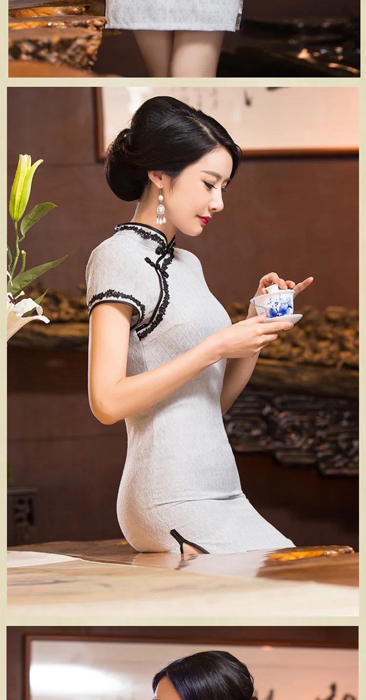 Кружево Для женщин chongsam платье для Вечеринка короткий рукав китайское традиционное платье Qipao женский халат chinoise Femme 89