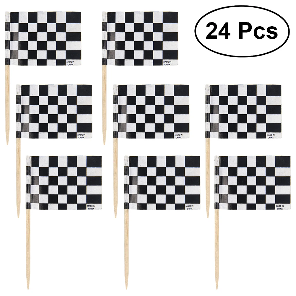 

24Pcs Birthday Cake Toppers Checkered Racing Flags Decorative Cupcake Picks Dessert Cake Decoration Topper for Wedding Party