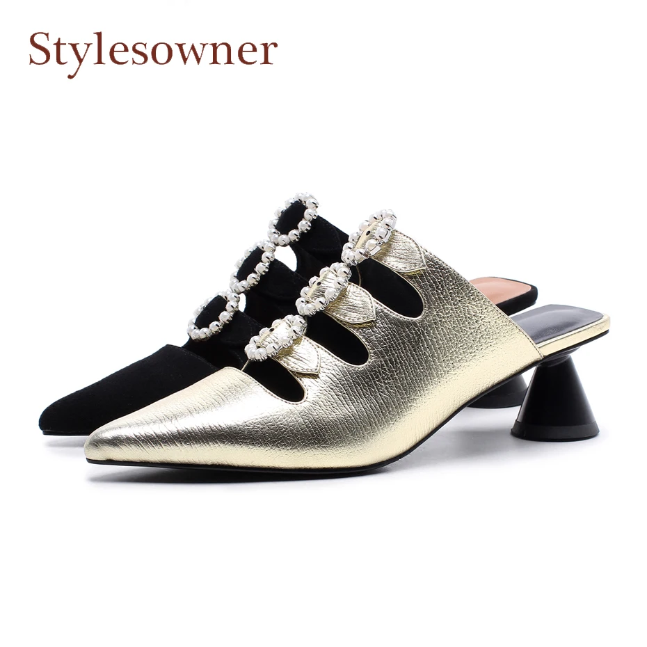 

Stylesowner euramerica fashion pearl decor flower women slippers 2018 spring summer pointed toe med heel mules shoes lady slides