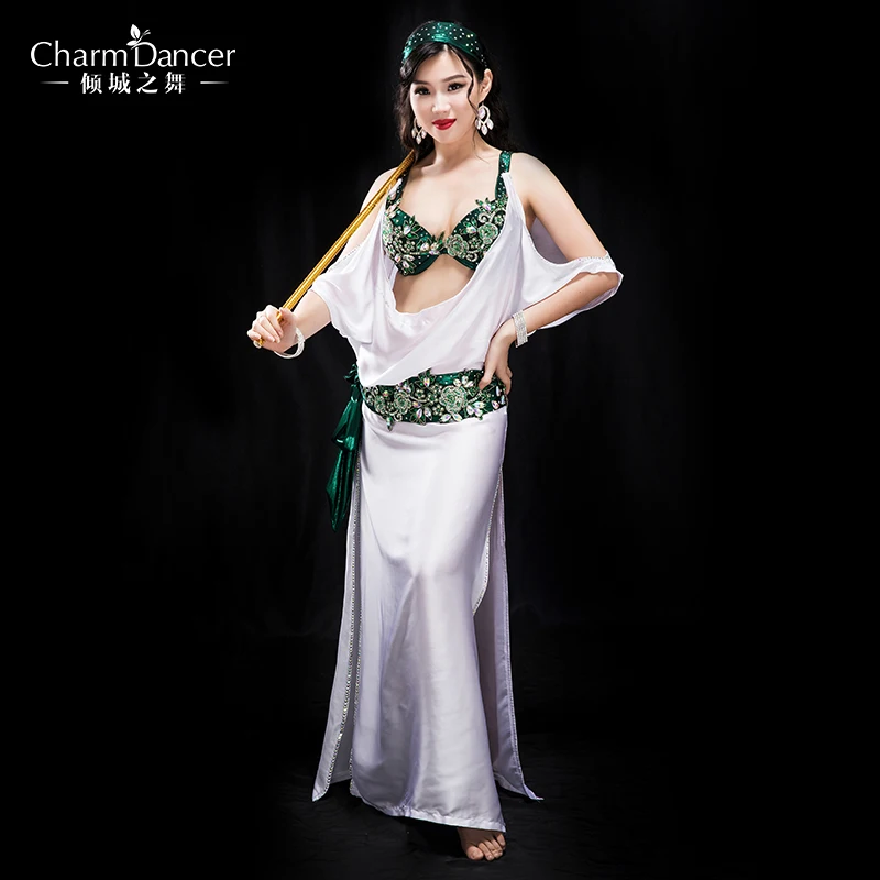 New high grade Professional Performance Dancewear bra+dress+belt+headscarf+shorts 5pcs Outfit Women Bellydance Costume YC040