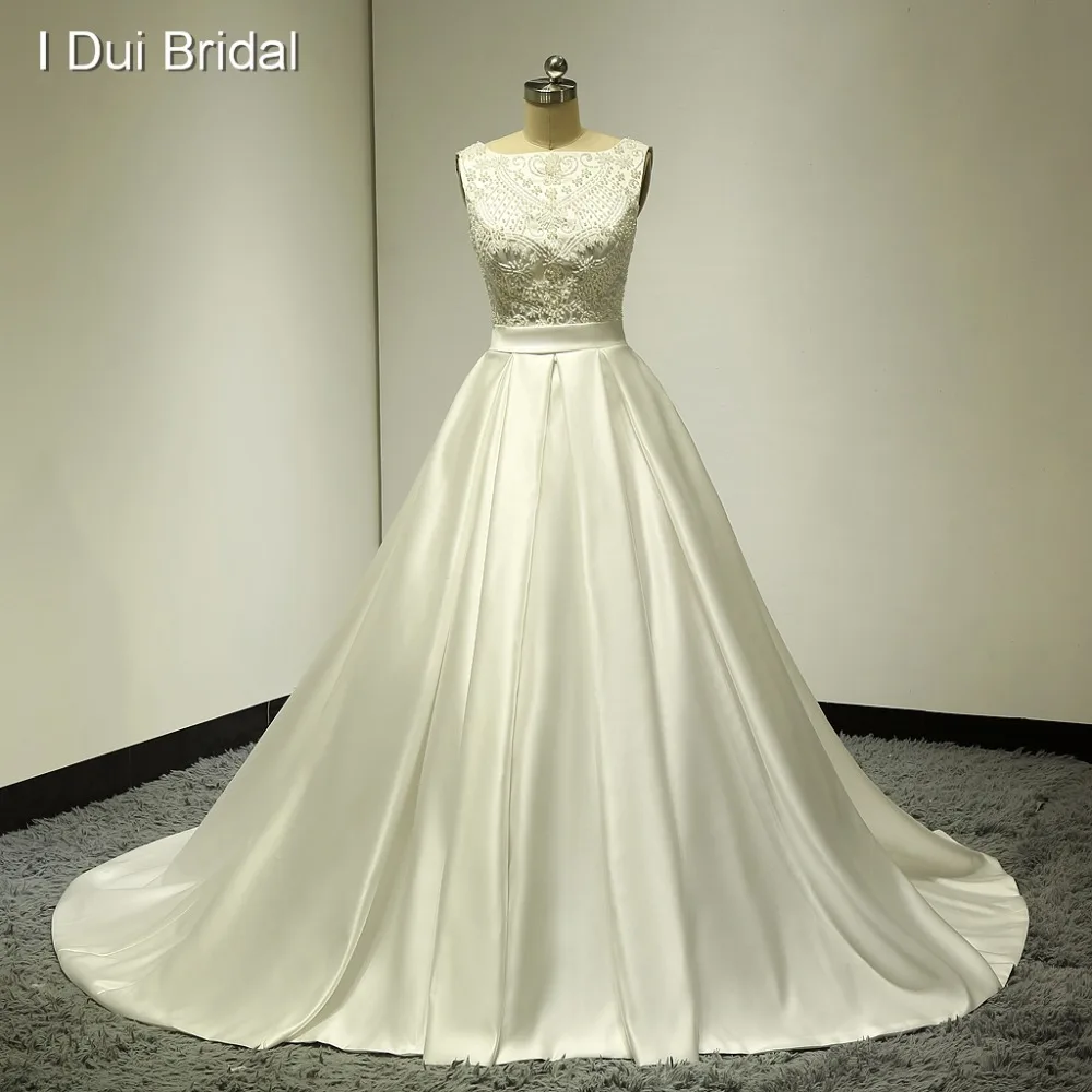 Special Offers Beaded Satin Wedding Dresses Bow Tie Keyhole Back Factory Real Photo Custom Made High Quality ELS-011