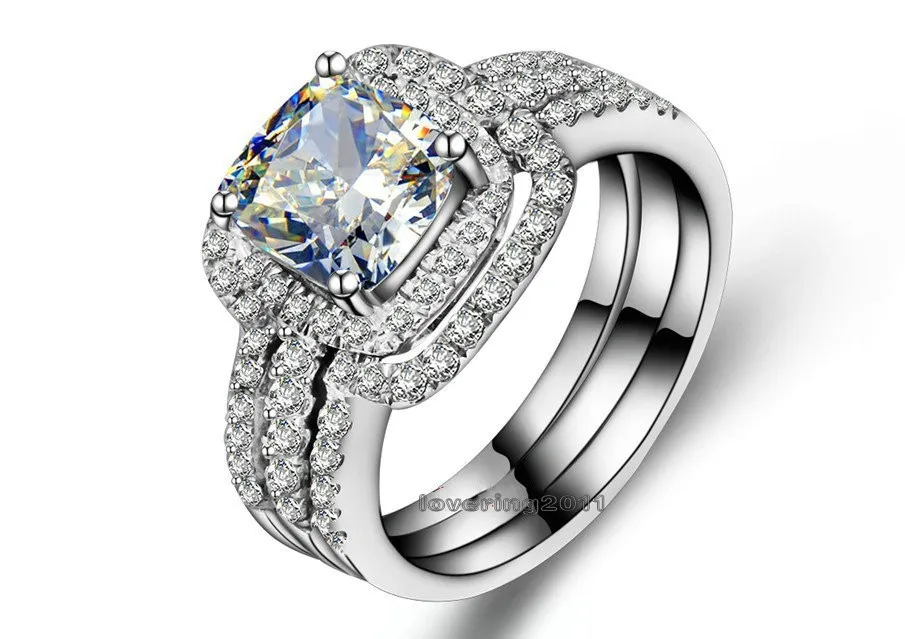 choucong Cushion cut 8mm Stone 5A Zircon stone 10KT White Gold Filled 3-in-1 Engagement Wedding Ring Set Size 5-11 Gift