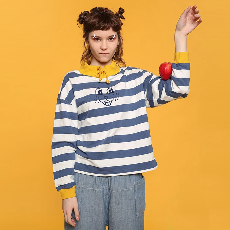

Harajuku Fashion Cute Emoji Print Womens Striped Pullover Sweatshirts Patchwork 2017 Spring New Female