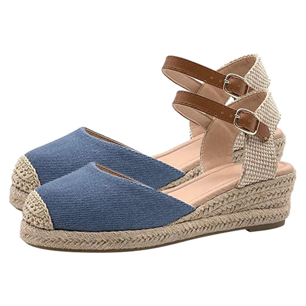 

MUQGEW Women's Sandals Cover Toe New Buckle Ankle Strap Platform Wedges Sandals Summer Weaving Canvas Shoes sandalias mujer 2019