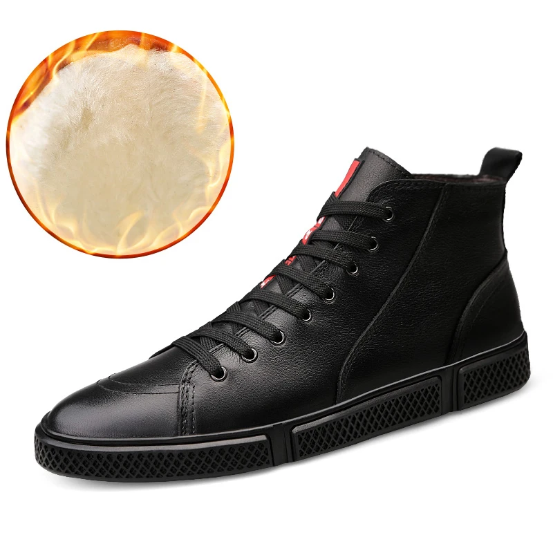 

Big Size 38-47 Men High Top Leather Shoes Winter Short Plush Round Toe Genuine Leather Simple Style Popular Fashion Casual Shoes