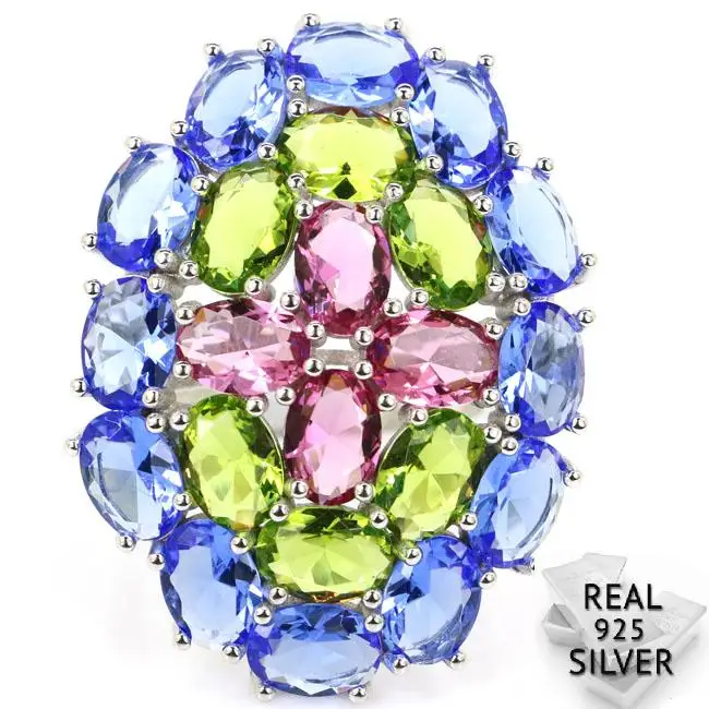 

8.1g Real 925 Solid Sterling Silver Fancy Colorf Tourmalins Peridot Violet Tanzanite Rings US 7.0# 36x27mm