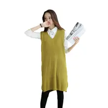 Весна Осень корейский женский длинный пуловер вязаный жилет свободный большой размер v-образный вырез сплошной Женский свитер без рукавов платье LQ655